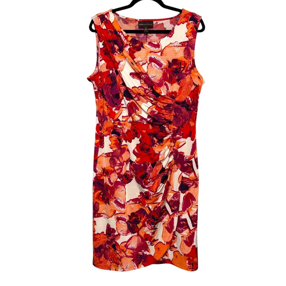 Dana Buchman Floral Ruched Sheath Dress Women Large Tropical Garden Party Chic - Picture 2 of 9